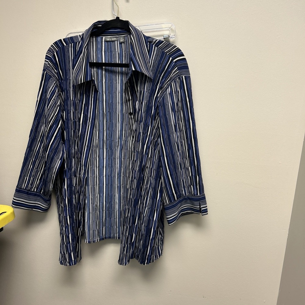 Apt 9 Stretch Blue black stripe Dressy Button Up Blouse 3/4 Sleeve 2XL